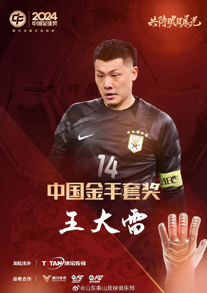  王大雷榮獲中國金手套獎，謝文能入選中國金球獎候選人前三名