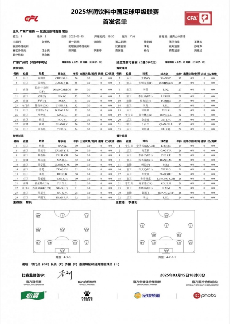  廣州豹vs延邊龍鼎首發(fā)：卡洛斯、羅薩、尼康三外援領(lǐng)銜廣州豹